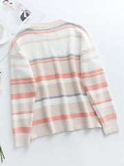 Peach Grey Stripe Crew Neck Knit Top