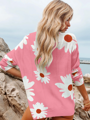 Perforated Sunflower Patterned Knit Top - Pink