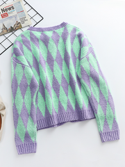 FELISE Chess Patterned Knit Cardigan - Purple