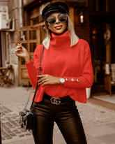 Coral Red Oversized Collar Turtleneck Knit Sweater