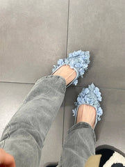 Flowers Decor Pointed Toe Flat With Shoes Sandals Elegant Back Strap Pink Solid ShoesHot Sale