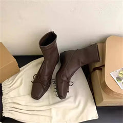 Brown Bow Back Zipper Ankle Boots Point Flat Head Square Heel Shoes Chic Sewing Thread Boot