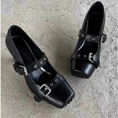Heeled Ballet Shoes Belt Buckle Casual Chunky Heeled Platform Loafers Square Toe Mary Jane Shoes