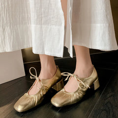 Mature Lace-Up Thick Heels Shoes Woman Office Lady Working Genuine Leather Pumps 2024