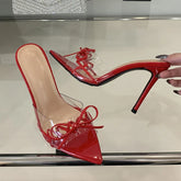 Elegant Pointed Toe Red High Heels Transparent Slippers Leather Bowknot Sandal Party