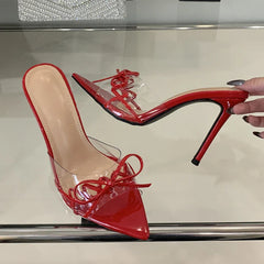 Elegant Pointed Toe Red High Heels Transparent Slippers Leather Bowknot Sandal Party