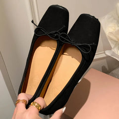 cow leather square toe slip-on ballet flats sweet bowtie casual high quality soft comfortable shoes
