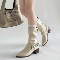 Western Cowboy Boots Vintage Slip On Thick Heel Shoes Mid Calf Botas Zapatos De Mujer
