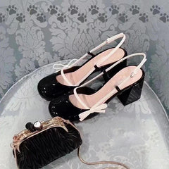 Mary Jane Shoes Retro High Heels Thick Heels Colored Round Head Bow Back Empty Sandals