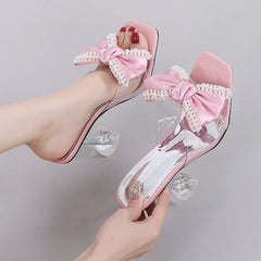 Pearl Bow Slipper Transparent PVC High Heeled Non Slip Mule Shoes