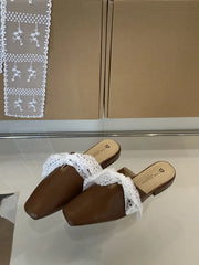Slippers Casual Flat Shoes Lace Beige Heeled Sandals Slides Cover Toe Slipers Mules Butterfly-Knot Blac