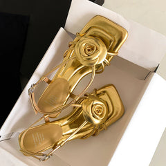 Open Toe Camellia Flower Sandals Square Toe Hollow Strappy Daily Casual High Heels Beach Shoes