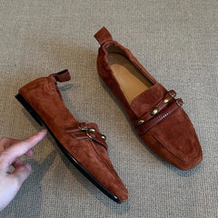British Style Suede Square Toe Loafers Retro Belt Buckle Design Flats Shoes Comfortable Casual Commute Office Shoe