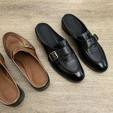 British Buckle Strap Mules Shoes Med-High Heels Slippers Slip On Derby Sliders Femmes Pantuflas PU Leather Loafers Woman