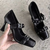 Heeled Ballet Shoes Belt Buckle Casual Chunky Heeled Platform Loafers Square Toe Mary Jane Shoes