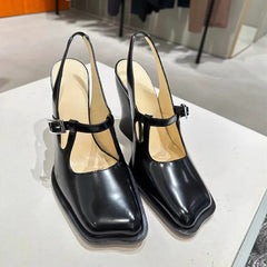 Black Patent Leather Mary Janes Slingbacks Wave Toe Chunky High Heels Office Lady Daily Shoes