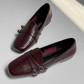 Elegant Burgundy Square Toe Loafers Metal Buckle Stitching Shoes Comfortable Commuting Flat Office Shoes