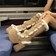 Snow Boots Platform Wedge High Heel Faux Fur Lady Shoes Plush Warm Non-slip Mid Calf Boots Goth Shoes