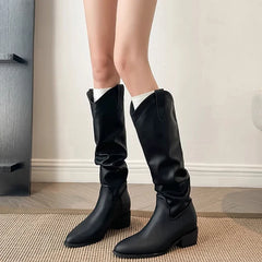 Vintage Woman Knight Knee High Boots Shoes Concise Slip On Western Cowboy Botas