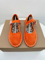 Floral Print Insole Velvet Flats Shoes Hand Stitching Elegant Mary Jeans Shoes Round Toe Ballets Flats Footwear