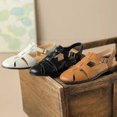 Sandals Low Thick Heel Genuine Leather Hook and Loop Back Strap Casual Sandals Solid Color Shoes