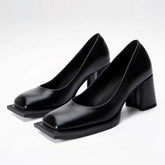 Pumps Square Toe Chunky Heel High Heels Black Soft Leather Elegant Evening