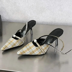 Pointed Toe Retro Plaid High Heels Elegant Slingbacks Shoes Office Sandalias De Mujer