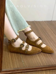 Retro Mary Jane Shoes British Style Pointed Toe Rivet Buckle Flat Bottom Beanie Shoes Girl Footwear
