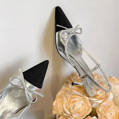 Elegant Bow Brands Pointed Toe High Heels Thin Heeled Sandals Back Strap Mules Shoes Gold Silver