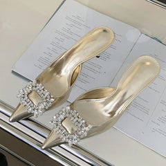 Crystal Thin Heels Mules Slippers Elegant Pointed Toe Banquet Party Prom Shoes