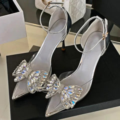 Rhinestone Bow Pvc Transparent High Heels Hollow Party Pointed Toe Heeled Sandals