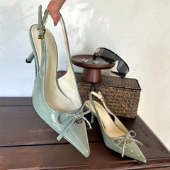 Bow Metal Buckle Design High Heels Pointed Toe Patent Leather Slingback Heeled Sandals Elegant Party Shoes