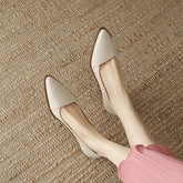 Retro Leather Heels Shoes Pointed Toe Slip-on Loafers Mid Heeled Shoes Casual Pumps