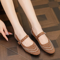 Retro Rivet Mary Jane Shoes Belt Buckle Shallow Round Toe Single Shoes Suede Elegant Ladies