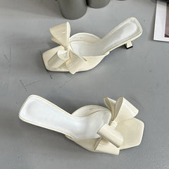 Patent Leather Butterfly Knot Slippers Square Toe Low Thin Heels Mules Slides Shoes Size 39