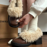 Fur Lining Mary Jane Shoes Elegant Square Toe Slip 2026 Keep Warm Thick Heel Single Shoes