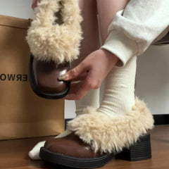 Fur Lining Mary Jane Shoes Elegant Square Toe Slip 2026 Keep Warm Thick Heel Single Shoes