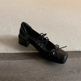 Genuine Leather Bow Decorated Flat Shoes with Cross Straps Thick Heels Mary Jane Shoes Shallow Mouth Comfortable Loafers