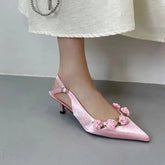 Pink High Heels Pointed Toe Slingback Shoes Small Flower Low Heel Office Shoes Black Pumps White Talons Femme