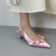 Pink High Heels Pointed Toe Slingback Shoes Small Flower Low Heel Office Shoes Black Pumps White Talons Femme