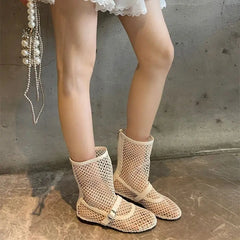 Woman Ankle Boots Burgundy Mesh Flat Shoes Porosity Round Toe Low Heels Shoes White Flats Size 43 Botas Feminino