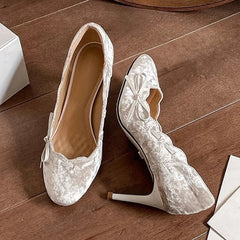 Brand High Heels Velvet Round Toe Butterfly-knot Pump Shallow Elegant Thin Heels Party