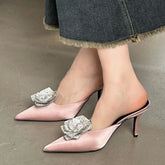 CRYSTAL Flower Silk Pointed Toe Slippers Thin Heels Party Dress Mule Shoes