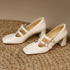 genuine leather double metal buckle t-strap slip-on pumps 7cm thick med heel elegant OL style daily heeled shoes