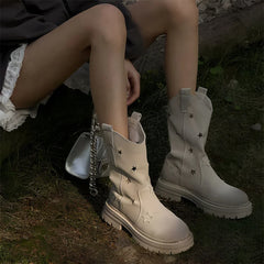 Western Cowgirl Boots Western Chunky Heel Round Toe Platform Star Hollow Retro Cowboy Mid Calf Boots