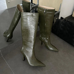 Pointy Toe Knee High Boots High Quality Leather High Heel Boots