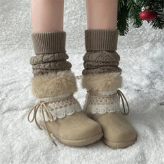 Sweet Lace Decoration Furry Suede Snow Boots Thick Bottom Fluffy Fur Ankle Boots Warm Plush Shoes
