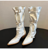 Vintage Pleated Belt Buckle Faux Suede Knee High Boots High heels Western Cowboy Knight Boots Shoes