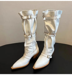 Vintage Pleated Belt Buckle Faux Suede Knee High Boots High heels Western Cowboy Knight Boots Shoes