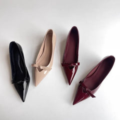 Lamb Skin Mary Janes Pointed Toe Low Heel Slip-On Shoes French Elegance Butterfly Knot